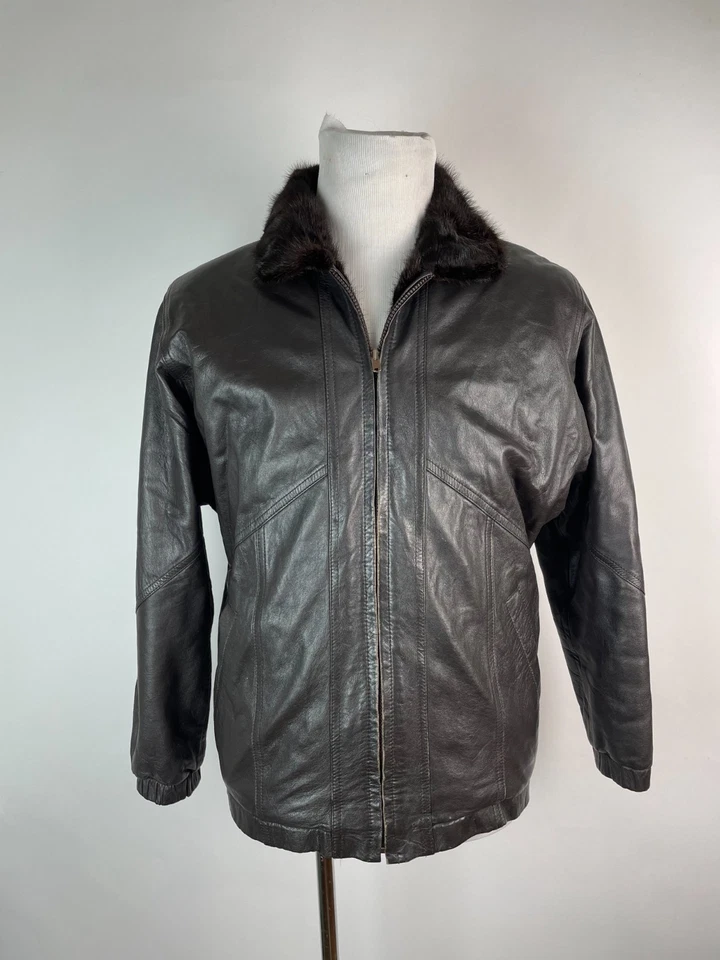Chaqueta de bombardero reversible vintage de piel de visón de los 80 de cuero negro suave para hombre M Foto 3 de 4