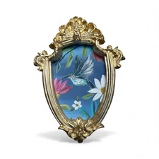Hummingbird watercolor mini art print in a gold vintage style ornate frame