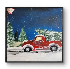 Truck N Tree – 20x16 Christmas Snow Scene Acrylic Painting | Art by M. Isaksen