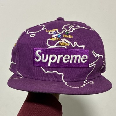 Supreme x New Era Purple World Map Embroidered Baseball Cap Hat Size 7 1/2