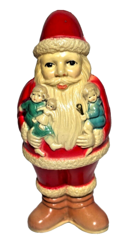 VICTORIAN CELLULOID SANTA CLAUS HOLDING BABY DOLLS RATTLE USA VISCOLOID 4.25"