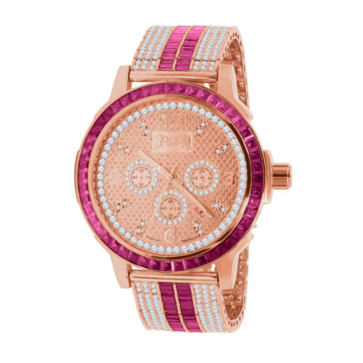 Solid Steel Bezel Watch Custom Band Rose Gold Pink Tourmaline Real Diamond Dial