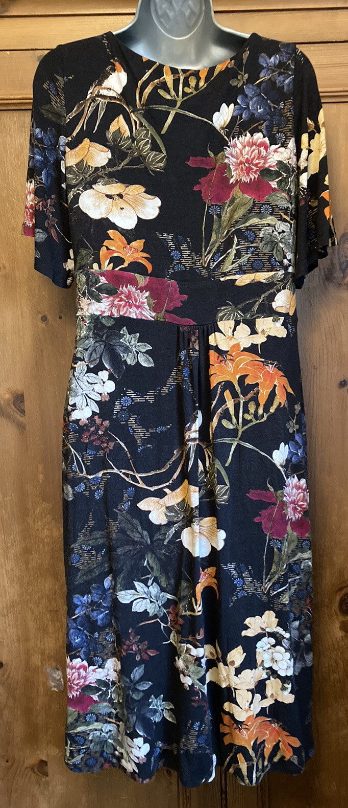 Monsoon Floral Bird Print Black Tea Dress Size 14 Jersey Midi Autumn