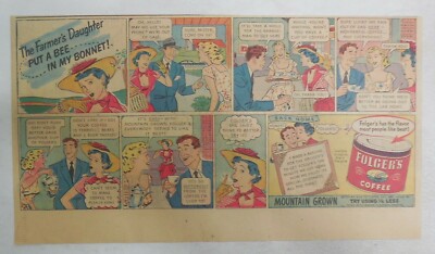 Folger's Coffee Ad: Farmers Daughter Put Bee In Bonnet ! 1940's 7.5 x 15 Inch
