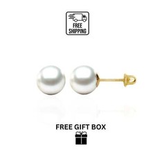14K YELLOW GOLD ROUND GENUINE WHITE PEARL STUD EARRINGS SCREW BACKS