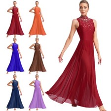 Womens Dancewear Sleeveless Dresses Shiny Lyrical Dance Dress Cutout Back Tulle
