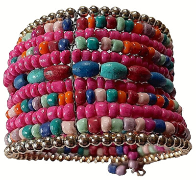 Cuff Bracelet, Bright Wood Beads, Flexing Wire Frame, Fits Wrists 6.5 - 8 Inches