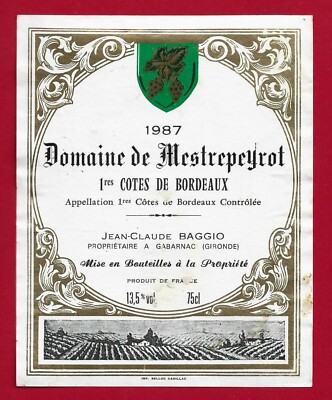 75/103 Etikett Label 1ères CÔTES DE BORDEAUX 1987 DOMAIN DE MESTREPEYROT