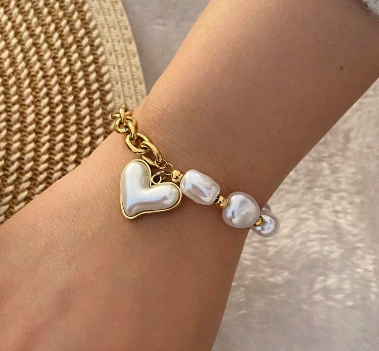 Bracelet perlé de luxe maillons or et cœur en acier inoxydable pur