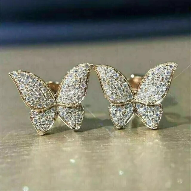 1.80Ct Round Real Moissanite Butterfly Stud Earrings 14K Yellow Gold Plated