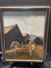 MCM Vintage Signed Original Framed Oil on Canvas By Pat Holt " Wagon"