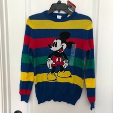 Disney 100 Kids Sweater L Blue Mickey Mouse Stripe Crew Neck Long Sleeve NWT