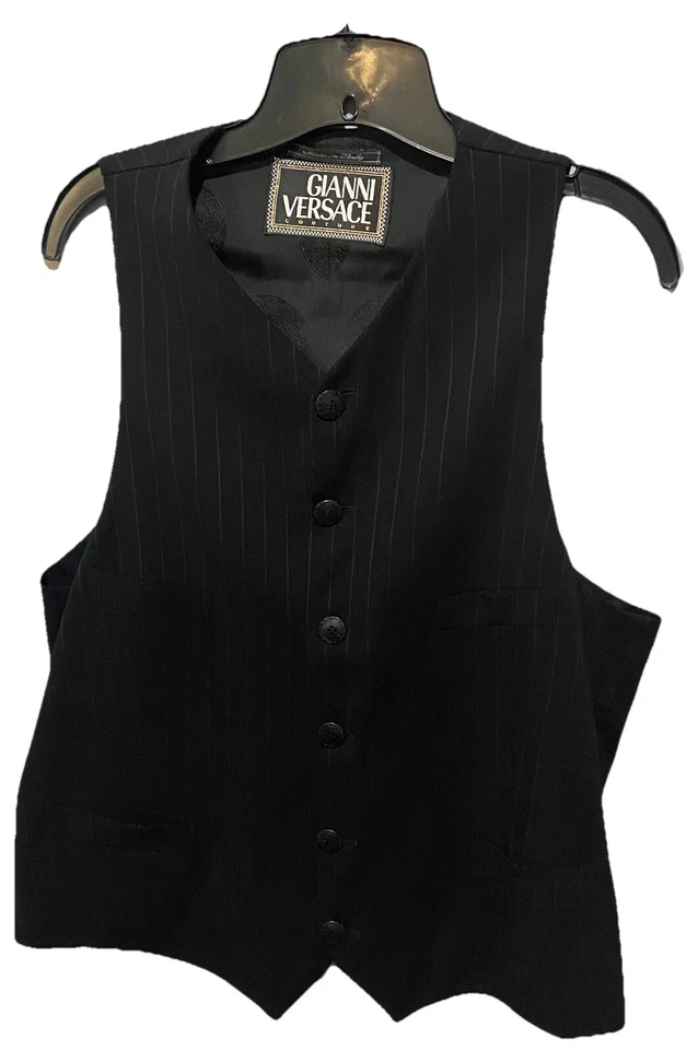 VNTG Gianni Versace Couture Mens Black Pinstripe Button Down Vest Size 52 Italy - Image 4 of 4