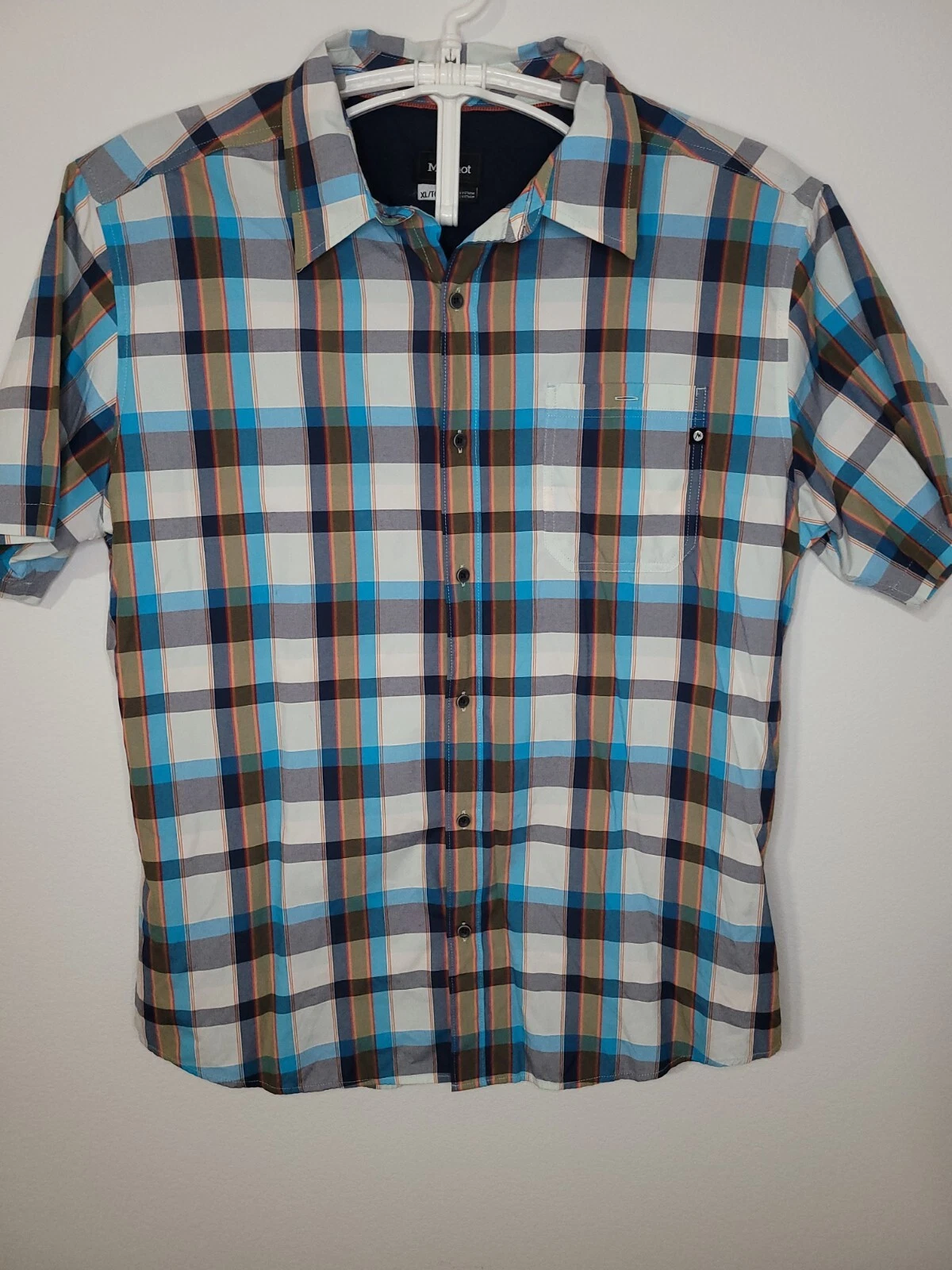 Marmot Mens XL Short Sleeve Button Up Blue Plaid Hiking Outdoor Shirt XL6