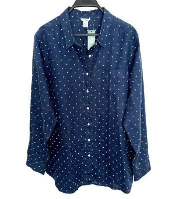 New NWT LL BEAN Womens XL Premium Washable 100% Linen Shirt Blue Tiny Flowers