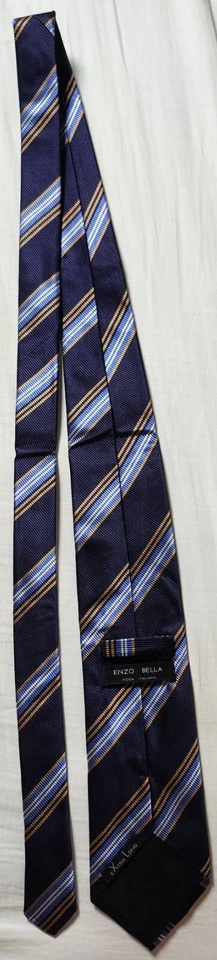Corbata Para Hombre Enzo Bella Azul Dorado Rayas 100% Seda Hecha en Italia Extra Larga Foto 2 de 4