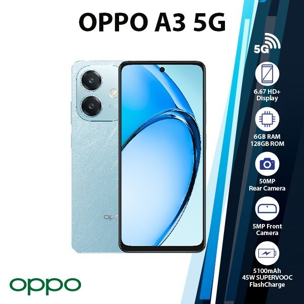 OPPO A3 5G Global Android Cell Phone (Blue/6GB+128GB/Unlocked/Dual