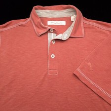 TOMMY BAHAMA POLO SHIRT -L ORANGE BROWN WHITE POLY MODAL EMBROIDERED MARLIN GOLF