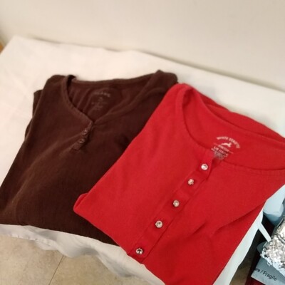 Lot of 2 White Stagg long sleeve tops Lg brown and red button up cotton spandex