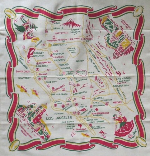 VTG California tablecloth highway map pre-Disney linen green red yellow 33 X 39