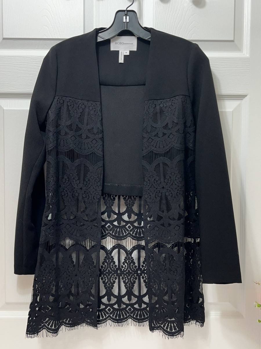 BCBG Maxazria Women's Black Cardigan Lace-Insert Open-Front