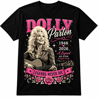 Dolly Parton Legends Never Die Black Graphic T-Shirt S Unisex Crew Short
