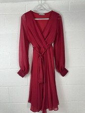 Machek Faux Wrap Dress Small Pink Midi Chiffon Sheer Cocktail Guest Wedding N146