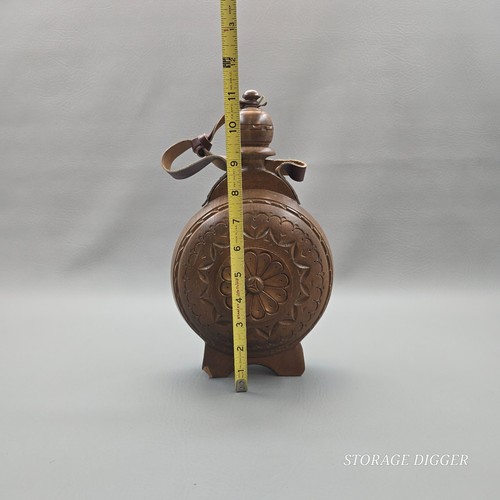 Vintage Large Wooden Hand Carved Flask Decanter Bottle 11" Tall, Leather Strap - Picture 11 of 13