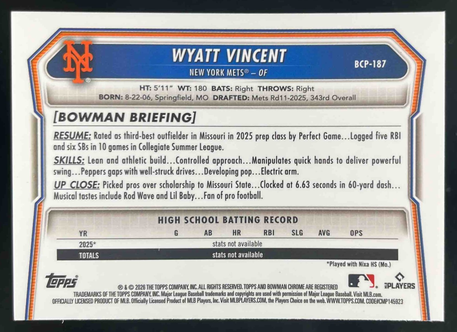 2026 Bowman Chrome Wyatt Vincent Green Geometric Refractor /99 #BCP-187 Mets view 2