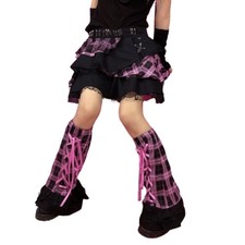 Punk Rock Lace Up Leg Sleeve for Teen Girls Checkered Ruffled Flared Leg Warmer