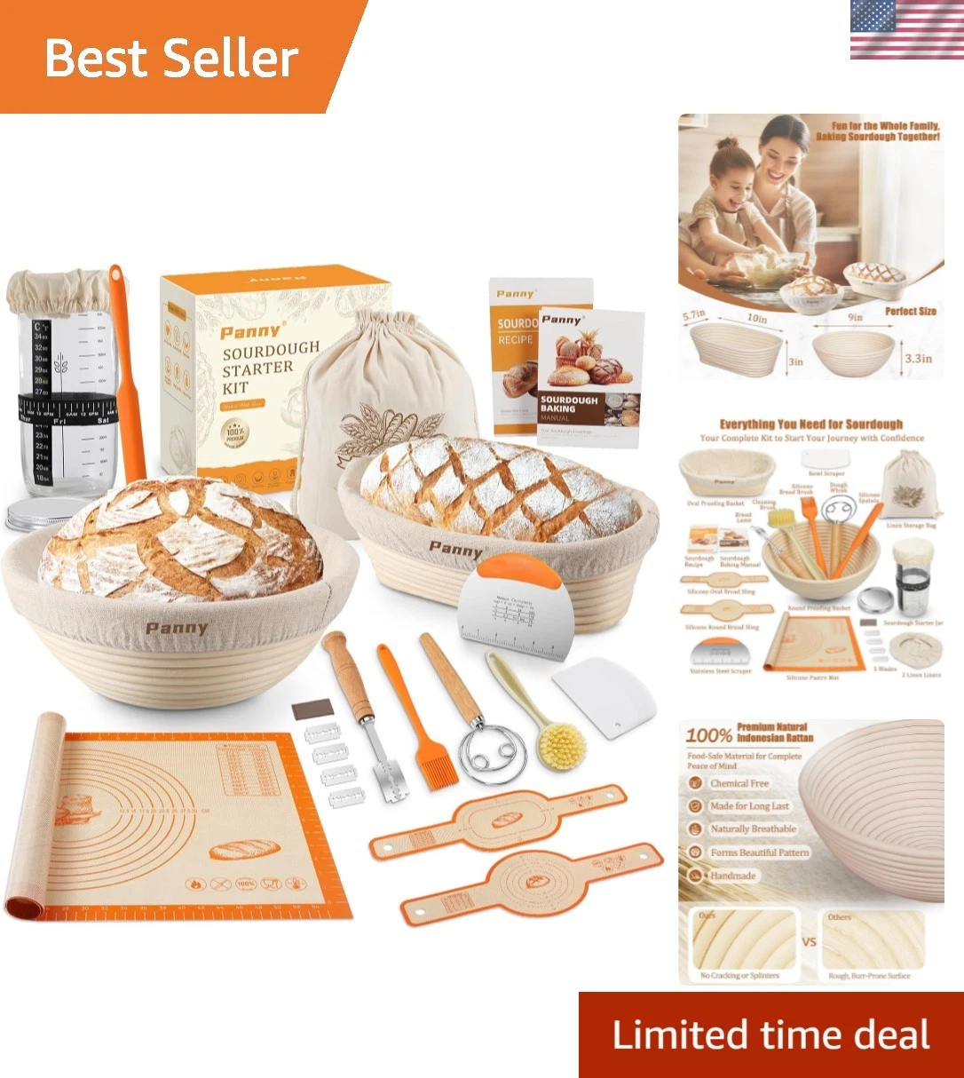 Sourdough Starter Kit, Banneton Bread Proofing Basket with Glass Sour Dough S...