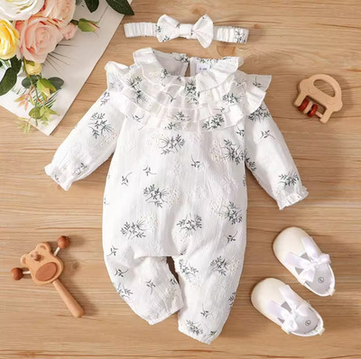 Baby Girl Romper Newborn White Bodysuit Flowers Lotus Leaf Long Sleeve Jumpsuit