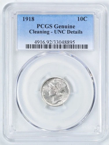 1918 10C Mercury Silver Dime UNC Detail Cleaned PCGS 33048895