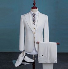Weiß 3 Teile Herrenanzug Hosen Formelle Abschlussballkleid Hochzeit Bräutigam