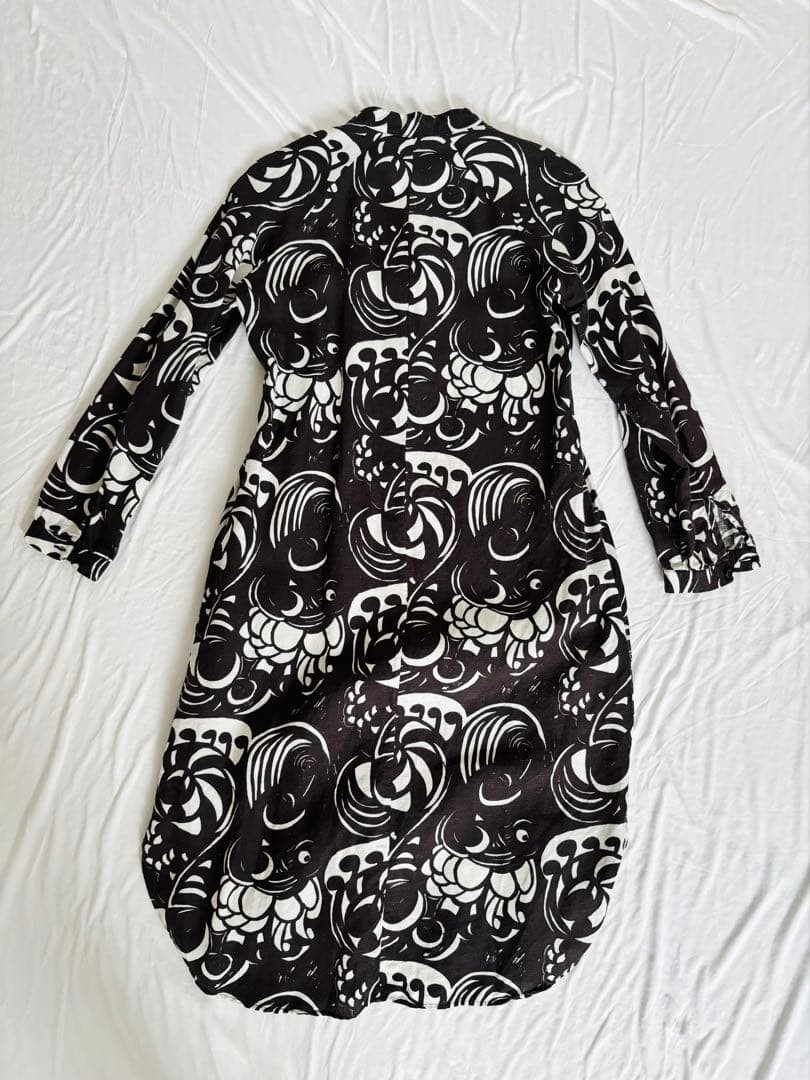 Marimekko Linen Shirt Dress M Dark Brown Abstract Pattern Belted