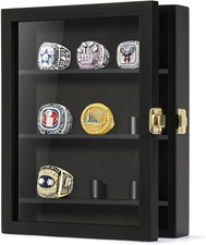 Championship Ring Display Case 9 Posts, 8x10 Wall Mount Wooden Shadow Box Black