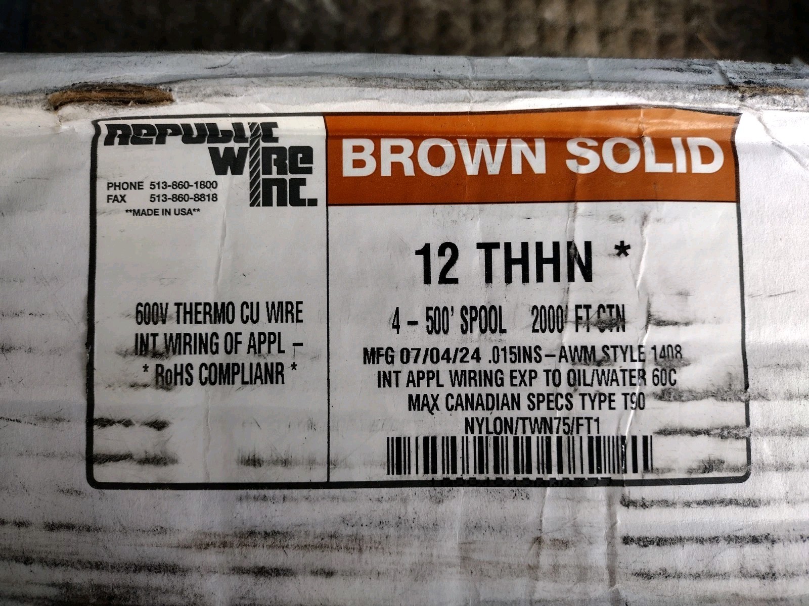 Brown Solid 12 AWG Copper Wire 500 FT 600V 