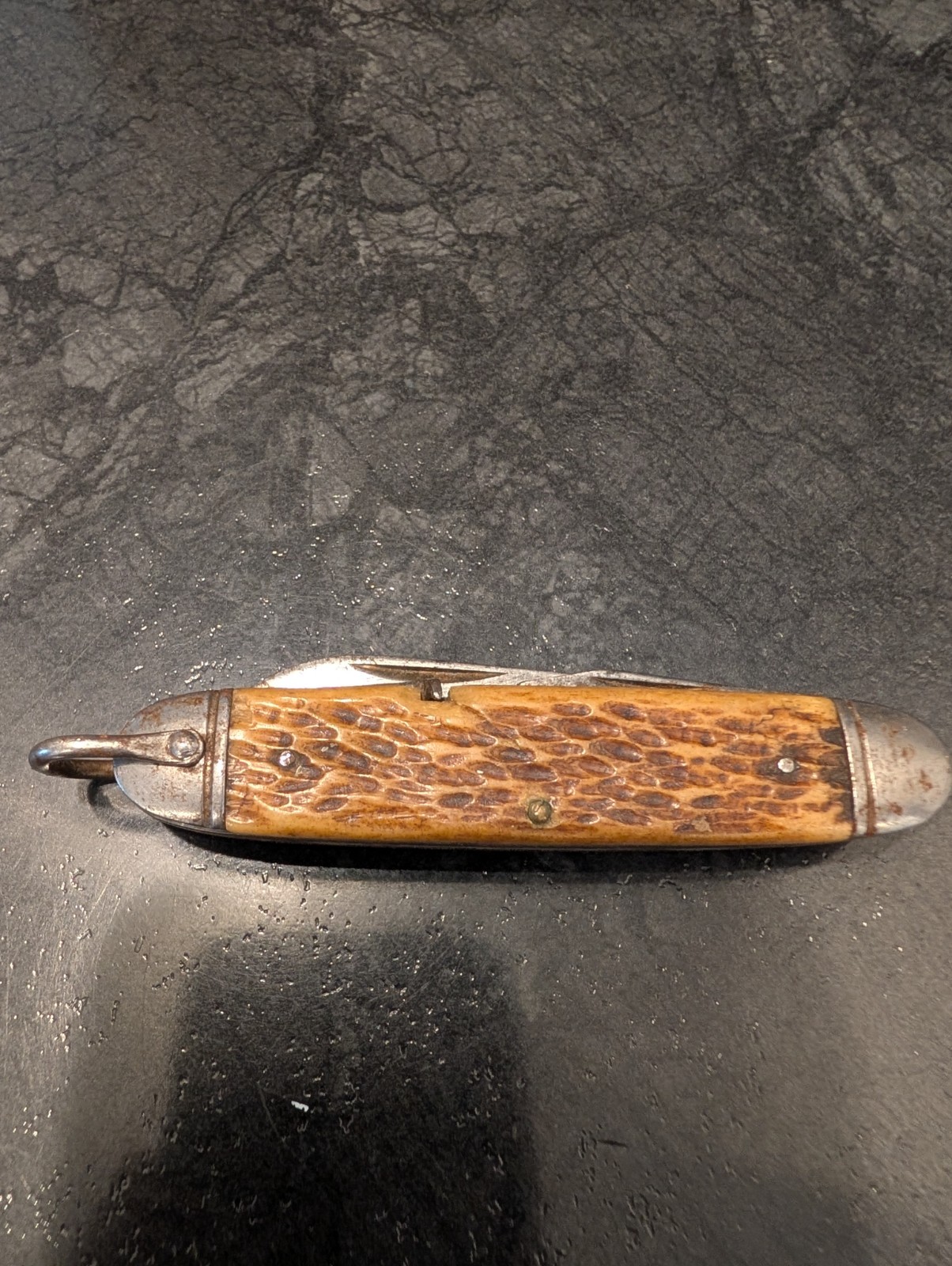 1940's - 50's Camillus N.Y. U.S.A. 4-Line "Easy Open" Bone Pocket Knife