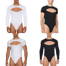 Mens Solid Color Athletic Bodysuit Buttoned Crotch High Cut Gymnastics Leotard
