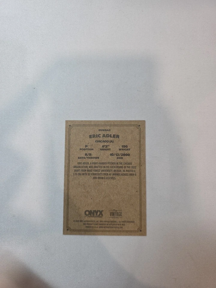 ERIC ADLER 2025 Onyx Vintage BASE CARD White Sox - Image 2 of 2