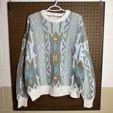 Vintage Knit Sweater Mens XL Geometric Abstract Chunky Cable 3D 80s 90s USA