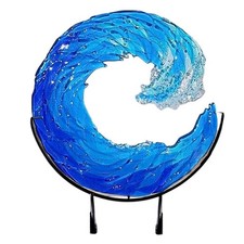 8in Ocean Sculpture Handcrafted Blue Glass Waves Sculpture Ornament Decoratio...