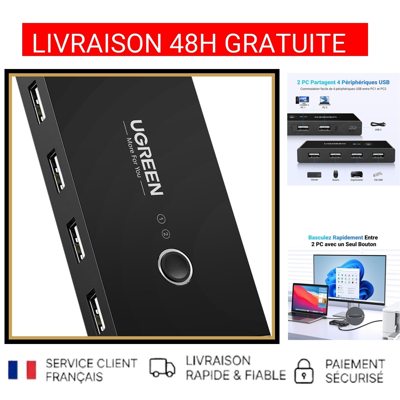 Commutateur clavier souris rapide UGREEN avec concentrateur 4 ports
