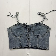 Fashion Nova Corset Top Womens 1X Blue Denim Lace Up Zip Back Adjustable Strap