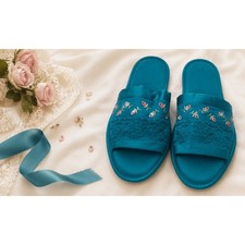 Vintage 70s Vanity Fair Teal Lace Boudoir Slippers Made in USA M- 6.5-7.5