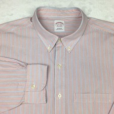 Brooks Brothers Dress Shirt Mens 17.5-35 Red/Blue Pinstripes Regular Fit