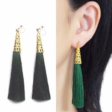 Long Green Tassel Invisible Clip on Earrings Dangle Gold Fringe Clip-on Earrings