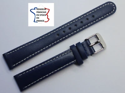 Bracelet montre ; 14mm ; CUIR VERITABLE ; BLEU FONCE surpiqué BLANC / 9-1 - Photo 1/3