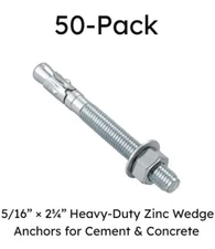 5/16" x 2-3/4" Galvanized Carbon Steel Wedge Anchor for Cement & Concrete 50 pcs
