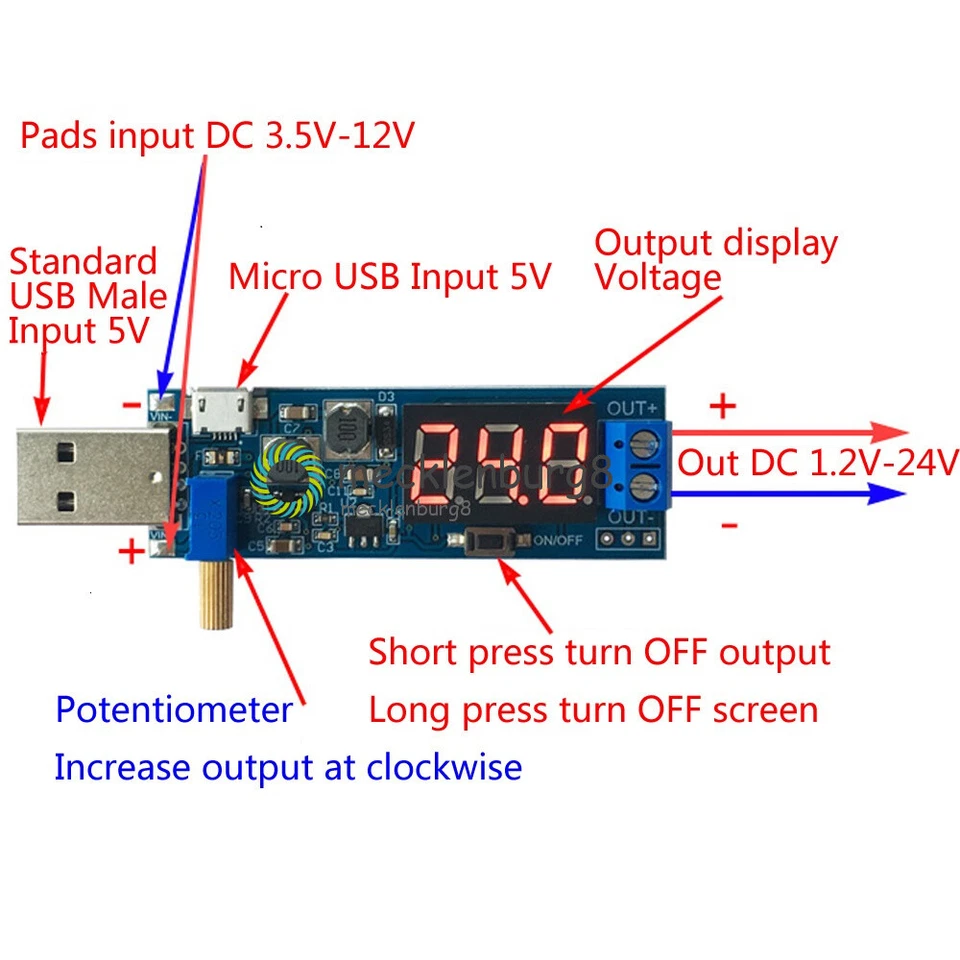 DC-DC USB Step UP/Down Adjustable Converter 5V to 1.2-24V Power Supply Module